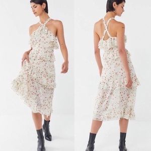 Floral midi dress in slip silhouette with tiered ruffle detailing